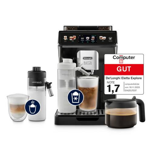 De'Longhi Eletta Explore ECAM452.57.G Kaffeevollautomat mit LatteCrema Milchsystem, heiße und kalte Getränke auf Knopfdruck, 3,5 Zoll TFT Touchscreen Farbdisplay, Kaffeekannen inklusive, schwarz