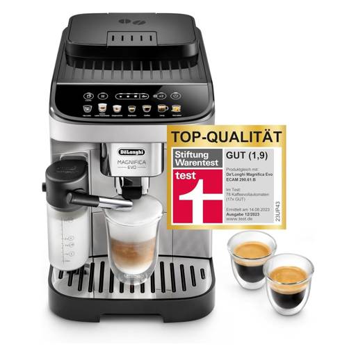 De'Longhi Magnifica Evo ECAM292.81.SB, Kaffeevollautomat mit Milchsystem, 7 Direktwahltasten für Cappuccino, Espresso und weitere Kaffeespezialitäten, Bedienfeld, 2-Tassen-Funktion, Silber/Schwarz
